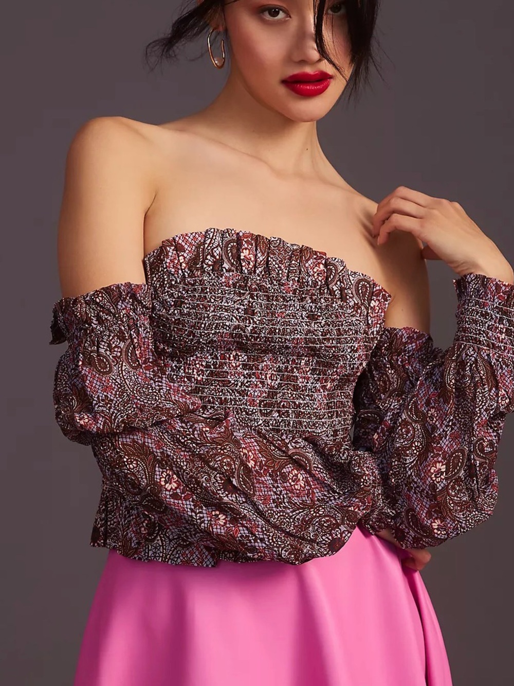 Anthropologie Burgundy Paisley Off-Shoulder Smocked Top